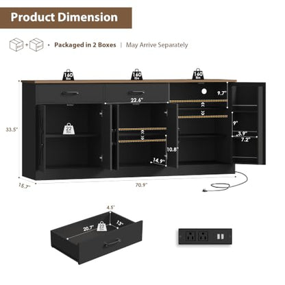 HOSTACK 71" W Kitchen Buffet Cabinet with Storage, Large Coffee Bar Cabinet - color: Black