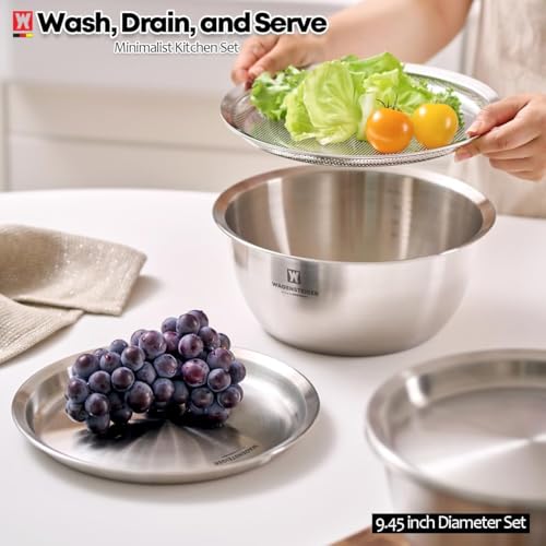 WAGENSTEIGER 3-Piece Stainless Steel Mixing Bowl Set with Strainer & Oil Drain Tray – Nesting Prep & Baking Bowls with Measurement Marks (9.45 in) - size: 9.45 in