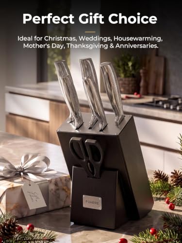 Knife Set, FOHERE 7 Pieces Kitchen Knife Set with Built-in 5 x Sharpeners, Waved Texture Knife Set with Block, Stainless Steel Knife Block Set, Sharp Knives Set with Ergonomic Handle - size: 7