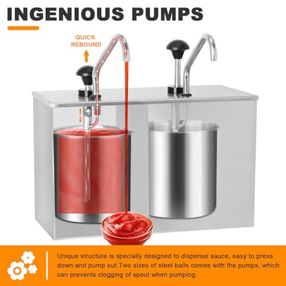 Commercial Sauce Dispenser Pump Stainless Steel Condiment Pump Station 7.4Quart Pump Dispenser Container for Ketchup Dressing Syrup Jam BBQ Sauce - size: 3.7Quart x2