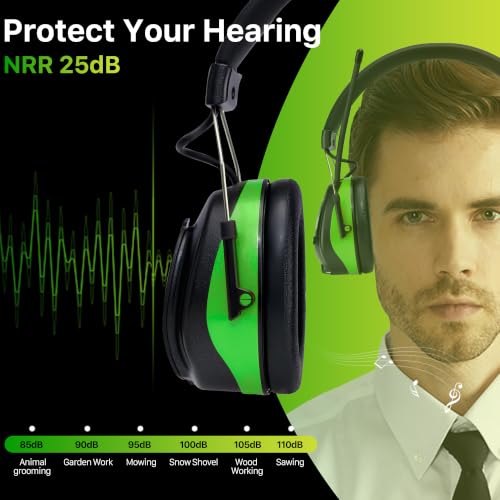 AM/FM Radio Headphones 25dB NRR,Noise Reduction Safety Earmuffs,Digital Display Headset,Powered by AA Battery,Hearing Protection for Walkman Mowing Lawn Work,Green - color: Green