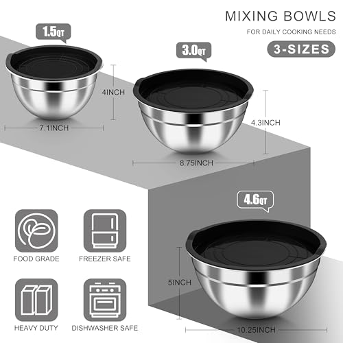 HaWare Mixing Bowls with Airtight Lids, 6-Piece Stainless Steel Salad Bowls - color: Black, size: Airtight Lids
