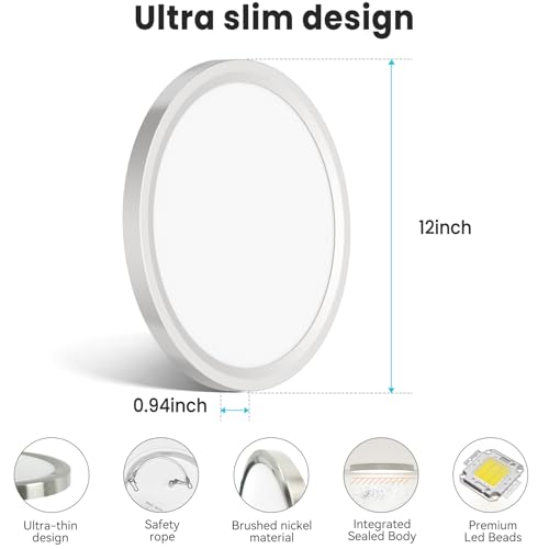 libtit 12 inch Flush Mount LED Ceiling Light Fixture, 3000K 4000K 6500K Adjustable, 28W 3200lm Brushed Nickel Satin Round Ceiling Lamp for Bathroom Shower Hallway Kitchen, 4 Pack - color: Brushed Nickel, size: 12in-4Pack
