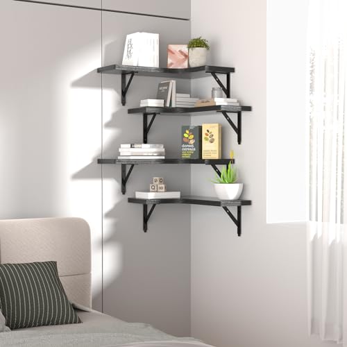 ROMGUAR CRAFT Corner Floating Shelves Wall Mounted Set of 4, Black - color: Black