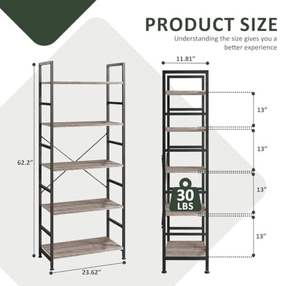 5 Tier Bookshelf, Free Standing Bookcase with Open Storage Shelves - color: Grey Wood, size: 5 Tier