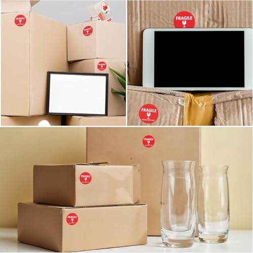 StickerJet Fragile Stickers Roll – (500pcs, 4x4) High-Visibility Handle with Care Labels, Strong Adhesive Paper Decals for Shipping, Packaging, and Protection – Made in USA - size: 4x4 Inch, style: 500 Stickers - Roll