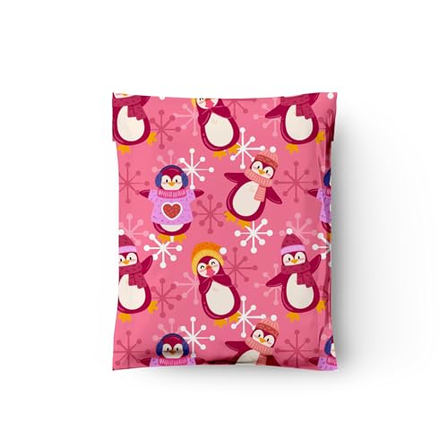 10x13 (100) Pink Penguins Winter Designer Poly Mailers Waterproof Self Sealing Tear Resistant Polymailers Shipping Envelopes Premium Printed Bags For Small Businesses - color: Pink Penguins, size: 10x13