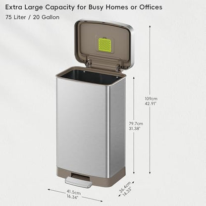 EKO Hudson Matte Stainless 75 Liter/20 Gallon Step Trash Can with Rear Trash Bag Storage Compartment - color: Matte Stainless, size: 75L
