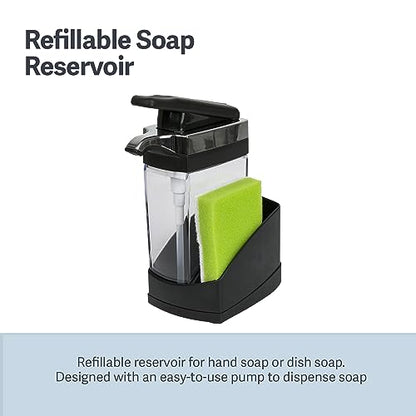 Casabella Sink Sider Solo Kitchen Soap Pump and Sponge Caddy, Black/Chrome - 2-in-1 Soap and Sponge Caddy, One-Hand Soap Dispensing, Ergonomic Design, Easy to Refill and Clean, Efficient Size - color: Black, size: Solo