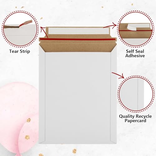 100 Pack 7x9 Inch Rigid Mailers, Self Seal Photo Document Mailer Cardboard Mailing Envelopes Stay Flat Mailers for CD, Photos, Document, Pictures, Papers, Files, White