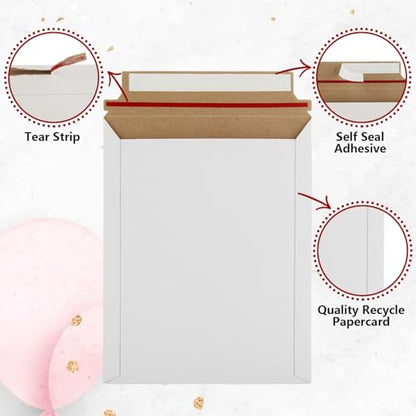100 Pack 7x9 Inch Rigid Mailers, Self Seal Photo Document Mailer Cardboard Mailing Envelopes Stay Flat Mailers for CD, Photos, Document, Pictures, Papers, Files, White