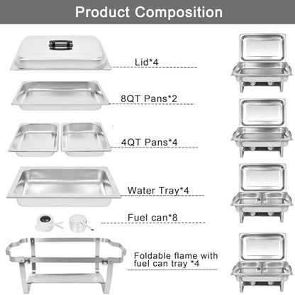 Chafing Dish Buffet Set[4 Pack] 8QT Stainless Steel Buffet Chafers,Catering Food Warmers Set with 6 Trays - size: Model 4