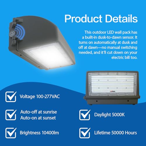 80W LED Wall Pack Light, with Dusk to Dawn with Photocell, 10400LM 80W/60W/40W Switchabie, 3000K/4000K/5000K Adjustable, 100-277 Vac Commercial Industrial LED Wall Light for Outdoor ETL