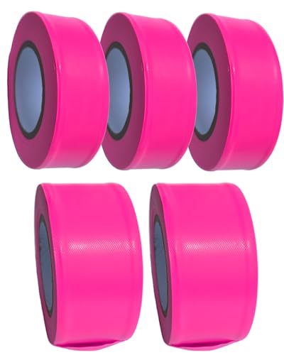 5 Rolls Flagging Marking Tape Pink,Non-Adhesive Survey Tape,Hi-Vis Plastic Ribbon Outdoor,Fade-Resistant for Surveyors Tree Hunting Trail Boundaries & Hazardous Areas Workplace (1" x 100′/Roll) - color: Pink