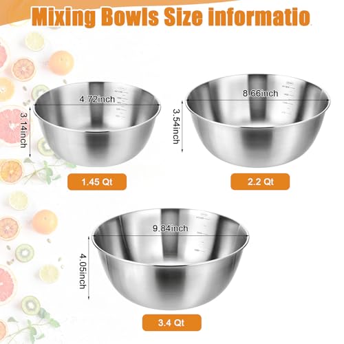 3 Pcs Stainless Steel Mixing Bowls Set, Metal Baking Bowls (1.5,2.2,3.4 Qt)