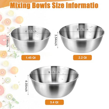 3 Pcs Stainless Steel Mixing Bowls Set, Metal Baking Bowls (1.5,2.2,3.4 Qt)