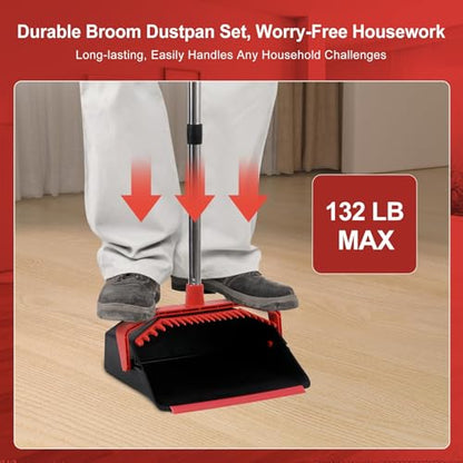 Broom and Dustpan Set for Home, 51" Long Handle Standing Dustpan Black Red - color: Black and Red