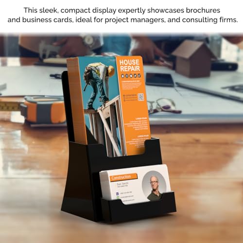 Marketing Holders 10 Pack Trifold Brochure Holder Countertop for 4.25" Rack Cards with Attached 3.5" x 2" Business Cards Black Acrylic Space Saving Multi Slot Display Stand - color: Black