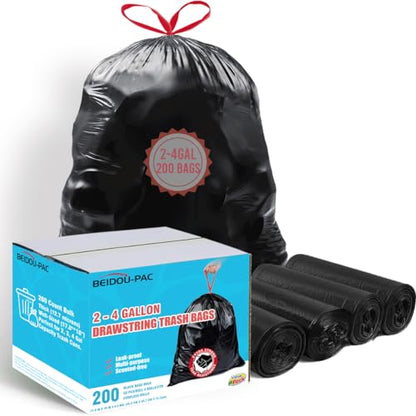 BEIDOU-PAC 2-4 Gallon Trash Bags Drawstring, 200 Count Bulk Value Pack, Black & Unscented Small Multi-purpose Garbage Bags for Business Home Bathroom Kitchen Commercial and Industrial - style: 2-4 Gallon |200 Count(Value Pack)