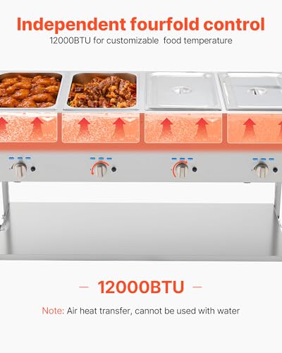 VEVOR 4-Pan Commercial Propane Steam Table, LP Gas Outdoor Soup Warmer with Drain Valve and 3" Wheels, Stainless Steel Propane Food Warmer with Independent Temp Control, for Restaurant Outdoor Camping - size: 4×1/1 Pan;96QT