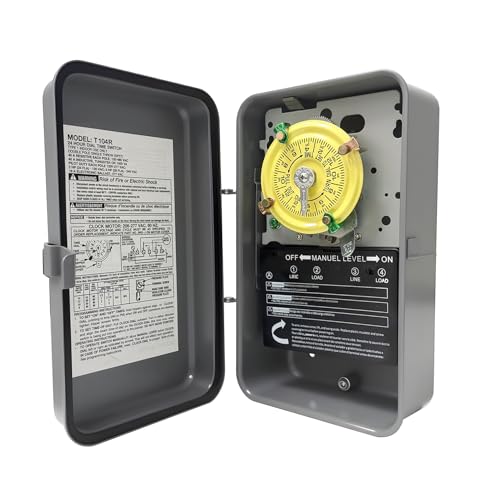 T104R Mechanical Timer Switch, 208–277 VAC 40 Amp,Pool Pump Switch, 24 Hour 12 ON/Off for Pump, Heavy Duty Pool Timers Outdoor, Timer for Pump Lights HVAC Systems, 5 Years Warranty - style: T104R