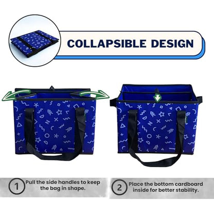 Reusable Grocery Bags (3 Pack) - Heavy Duty Foldable Tote Bags with Long Handles & Hard Bottom - Large Reusable Shopping Bags, Box-Shaped Grocery Totes Hold Up to 65 lbs, Stand Up & Fold Flat - color: Navy Blue