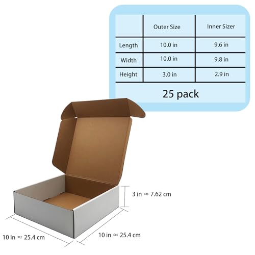 10x10x3 Inch White Shipping Boxes 25 Pack,Craft Gift Boxes,Bulk of Mailers - size: 10''x10''x3''