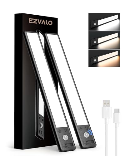 EZVALO 10" Under Cabinet Lights, 2500mAh USB-C Rechargeable Motion Sensor Light, 3 Color Temps, 5-Level Dimmable Magnetic Wireless Closet Lights for Kitchen, Pantry, Stairs (2 Pack) - color: Black, size: 10 Inch