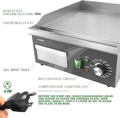 VIKEER Electric Griddle, 14 Inch Flat Top Grill Commercial Electric Griddles Stainless Steel Adjustable Temperature Control 90℉-575℉ for Home or Restaurant Use - size: 14 inch