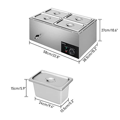 Winado 110V 4-Pan Commercial Food Warmer, 21QT Electric Steam Table 6 Inch Deep, 600W Countertop Stainless Steel Food Soup Buffet w/Temperature Control & Lid for Catering, Restaurant, Party - size: 21 QT/4 Pan