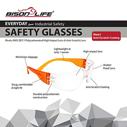 BISON LIFE Clear/Orange Safety Glasses for Men & Women, ANSI Z87.1, 12 Pack - color: Clear/Orange