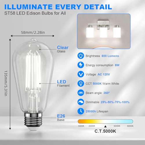 Kawaya E26 LED Edison Bulbs: 12-Pack 8W Equivalent 80W Dimmable LED Bulbs - Vintage ST58 5000k Daylight White - 800 Lumens High Brightness Bulbs with 90+ CRI - Clear Glass - color: 5000k ‎daylight White, size: 12 Pack