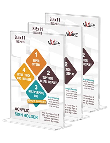 NIUBEE 3 Pack Acrylic Sign Holder 8.5 x 11 - T Shape Double Sided Table Top Display Stand, Portrait Upright Photo Picture Frame Wedding Menu Ad Holder - size: 8.5 x 11 Inches Portrait