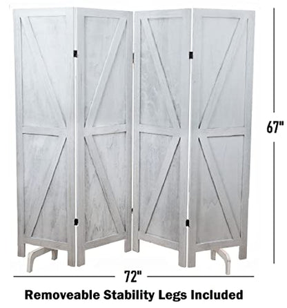 Premium Home 4-Panel Room Divider, Rustic White Barn Door K-Pattern Screen - color: Rustic White - K Pattern - 4 Panel