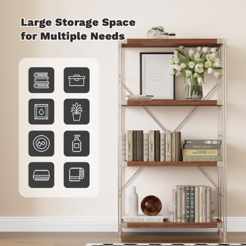 4-Tier Industrial Bookshelf, Wood and Metal Shelf Unit, Storage Bookcase - color: Walnut, size: 4T27.56IN