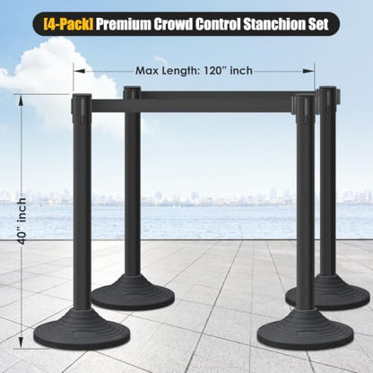 Crowd Control Stanchion Set, 4Pcs 10-Foot Retractable Belt Posts - color: Black
