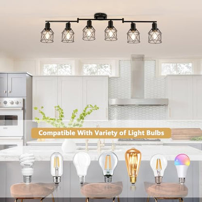WILON Track Lighting Kit 6 Way Ceiling Spotlight-Industrial Flush Mount Ceiling Light Black Kitchen Ceiling Light Fixtures Kitchen Track Lighting Flexibly Rotatable Light Head E26 Base - color: Black, size: 6-Light-Cage
