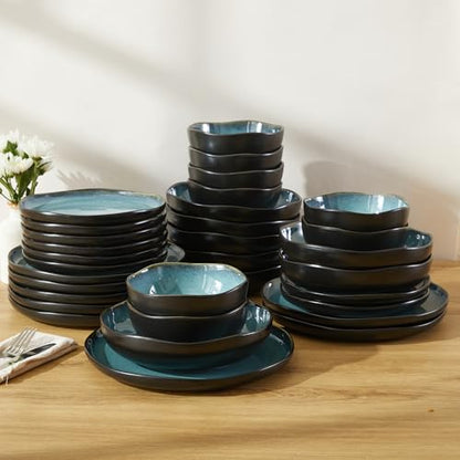 Pokini Stoneware Dinnerware Sets for 8, 32Pcs Ceramic Plates and Bowls Sets - color: Green Black, size: Set (32pcs)