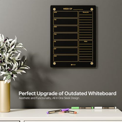 Yeoux Black Glass Golden Weekly & Menu Dry Erase Calendar Board 15“x11 - color: Black, size: 11"W x 15"H