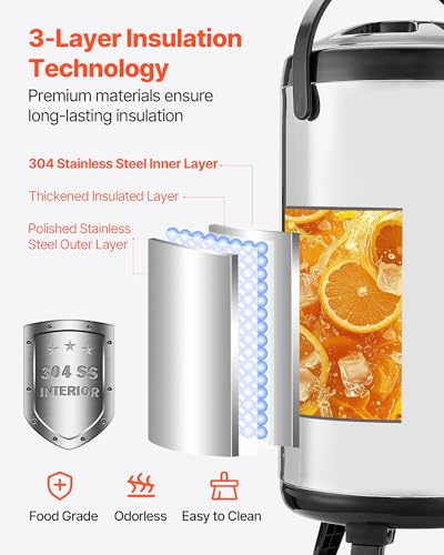 VEVOR Insulated Beverage Dispenser, 2.4 Gal/9.2L Stainless Steel Thermal Drink Server with Spigot & Temp Display, Suitable for Hot and Cold Drinks, for Tea Coffee Water in Cafes & Restaurants, Silver - size: 2.4 Gal (1 Pack)