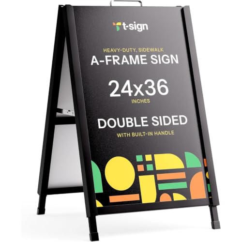 T-SIGN A-Frame Sign for Outdoors, Sidewalk Menu Board 24 X 36 Inch Folding Slide-in Board - Heavy Duty Portable Sandwich Board, Metal Double Sided 2 Corrugated Plastic Poster Boards for Restaurants - color: Black - Folding Frame