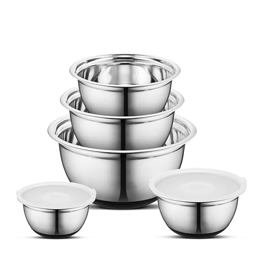 Avador Premium Stainless Steel Mixing Bowls with Lids Non-Slip, Set of 5 Mixing Bowl Set with Silicone Base, Space Saving, Great for Cooking, Baking, Prepping (0.25qt, 1qt, 1.5qt, 3qt, 5qt)