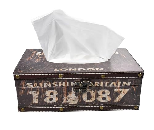 Wood Tissue Box Cover with PU Leather & Vintage Pattern - Rectangle Decorative Tissue Holder for Home, Car, Office, Bathroom, Desk - Fits Standard Medium Tissues with Lid (18087Coffe) - color: 18087coffe