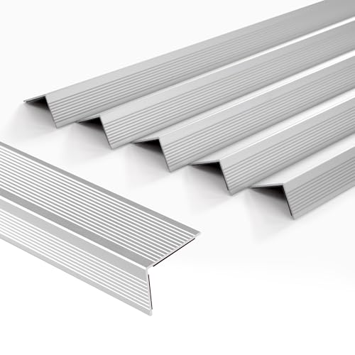 5-Pack 48 Inch Aluminum Peel and Stick Stair Nosing Matte Silver Staircase Step Treads Anti-Slip Stair Edge Protector, Waterproof Self Adhesive Stair Nose Molding Trim for Outdoor & Indoor - color: Matte Silver, size: 48 Inch