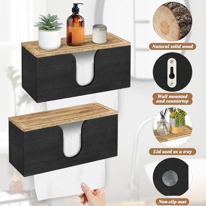 Solid Wood Paper Towel Dispenser Wall Mounted, Folded Paper Towel Holder with Lid, Commercial C-Fold, Z-Fold, Trifold Hand Paper Towel Holder Dispenser for Bathroom Kitchen Office - color: Black, Pack of 2