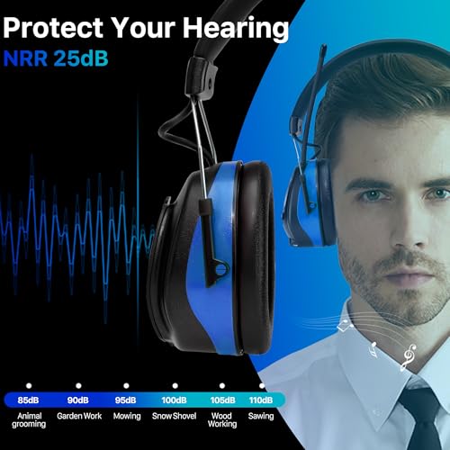 AM/FM Radio Headphones 25dB NRR,Noise Reduction Safety Earmuffs,Digital Display Headset,Powered by AA Battery,Hearing Protection for Walkman Mowing Lawn Work,Blue - color: Blue