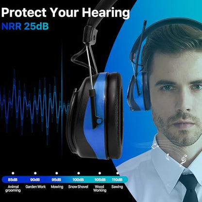 AM/FM Radio Headphones 25dB NRR,Noise Reduction Safety Earmuffs,Digital Display Headset,Powered by AA Battery,Hearing Protection for Walkman Mowing Lawn Work,Blue - color: Blue