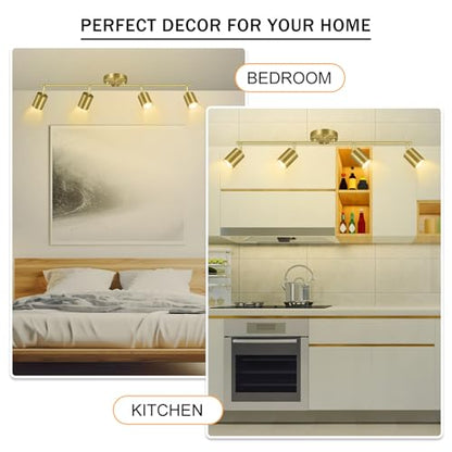 BoostArea Gold LED 4 Light Track Lighting Kit, 4 Way Ceiling Spot Lighting, Flexibly Rotatable Light Head for Kitchen, Living Room, Bedroom, Bulb Not Included - color: Gold