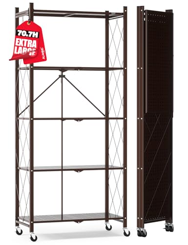 ALANNG 70.7" H Metal Storage Shelves, 5 Tier Folding Shelf on Wheels - color: Vintage Brown
