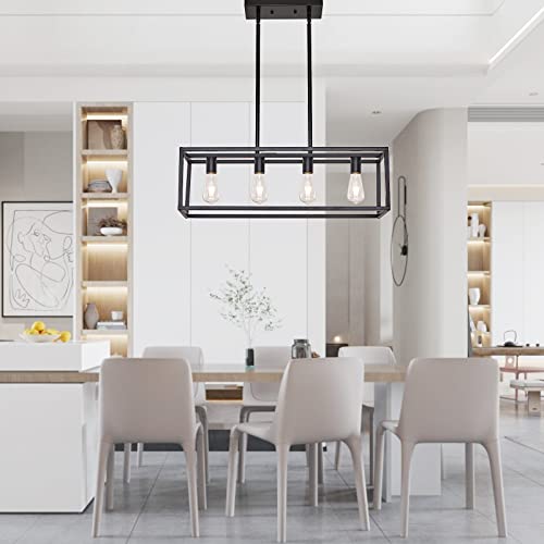 Farmhouse Rectangle Chandeliers for Dining Rooms, Modern Linear Hanging Light Fixture Matte Black 4-Light Industrial Pendant Lighting for Kitchen Island - color: Black, size: 4 Lights